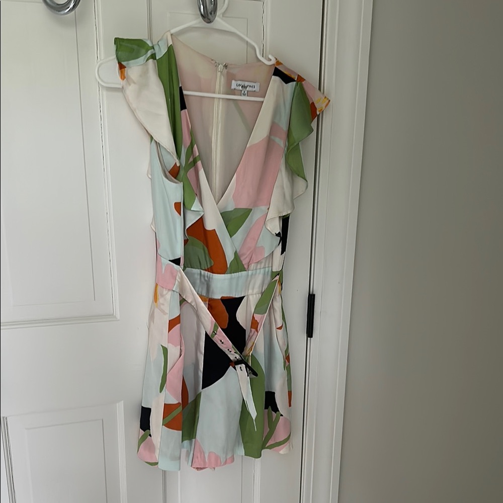 Green and Pink Mini Belted Romper with Plunge Neckline